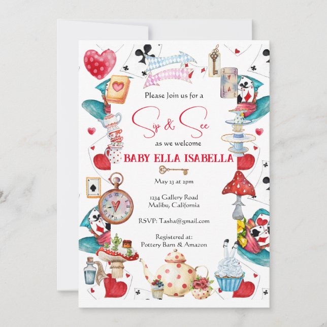 Sip and See Alice tea Convite de festas (Frente)