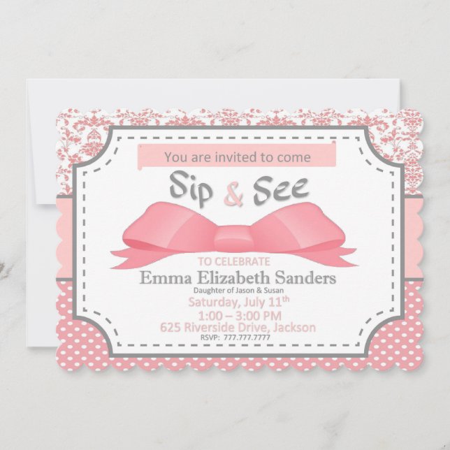 Sip and See for Girl Baby com Arco rosa e Cinza (Frente)