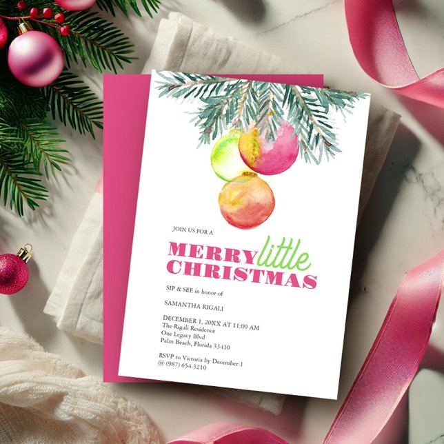 Sip e veja o convite da festa de Natal (Sip & see winter baby shower girl invitation watercolor pink bauble & pine bows Victoria Grigaliunas)
