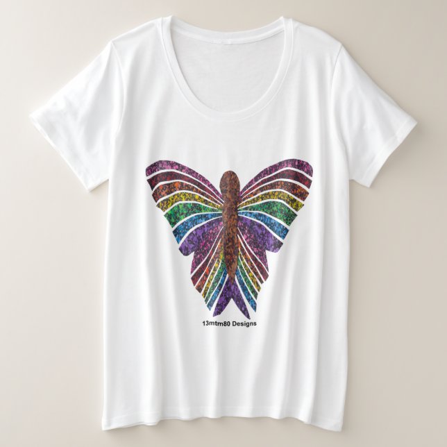 Size Camiseta Tamanho Plus Borboleta Arco-Íris (branca) (Frente do Design)