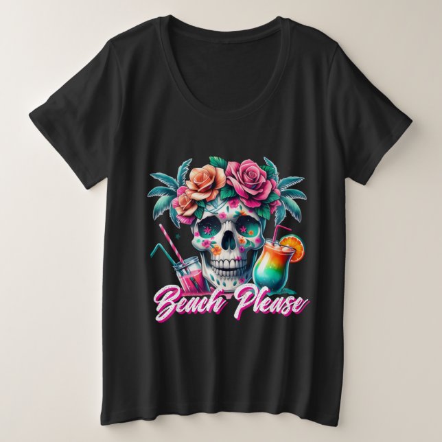 Size Camiseta Tropical Beach Please Skull Tamanho Plus (Frente do Design)