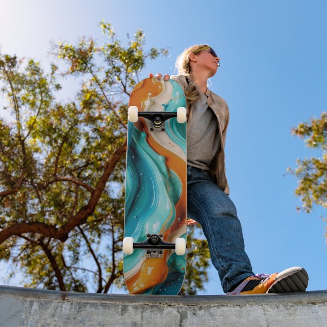 Skate Abstract Swirling Teal and Orange Glossy Fluid  (Ao ar livre 1)