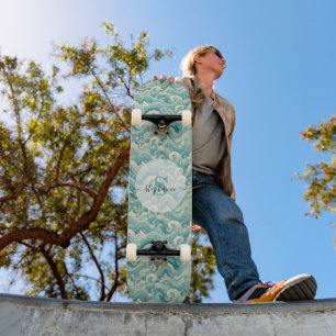 Skate Abstrato Aqua Blue & White Wave - Arte Fluida Mode