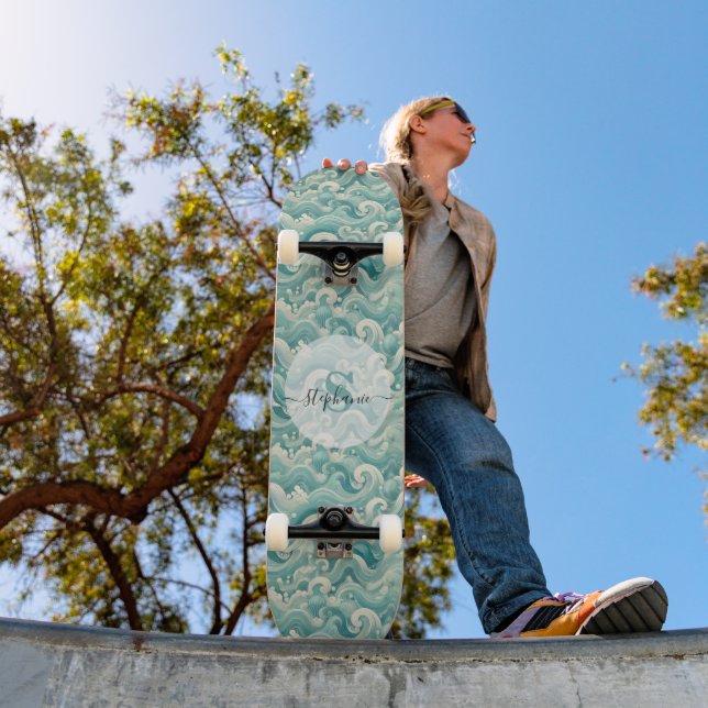 Skate Abstrato Aqua Blue & White Wave - Arte Fluida Mode (Ao ar livre 1)