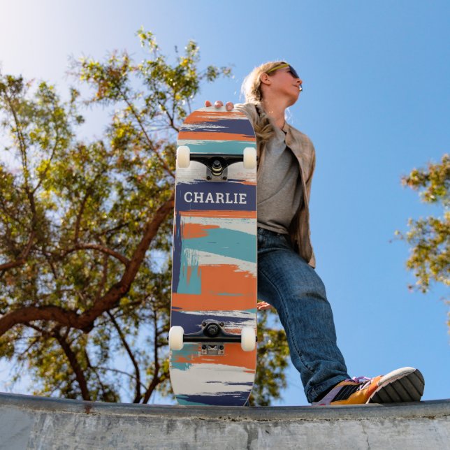 Skate Abstrato Azul Laranja Pincel Traço Nome Personaliz (Ao ar livre 1)