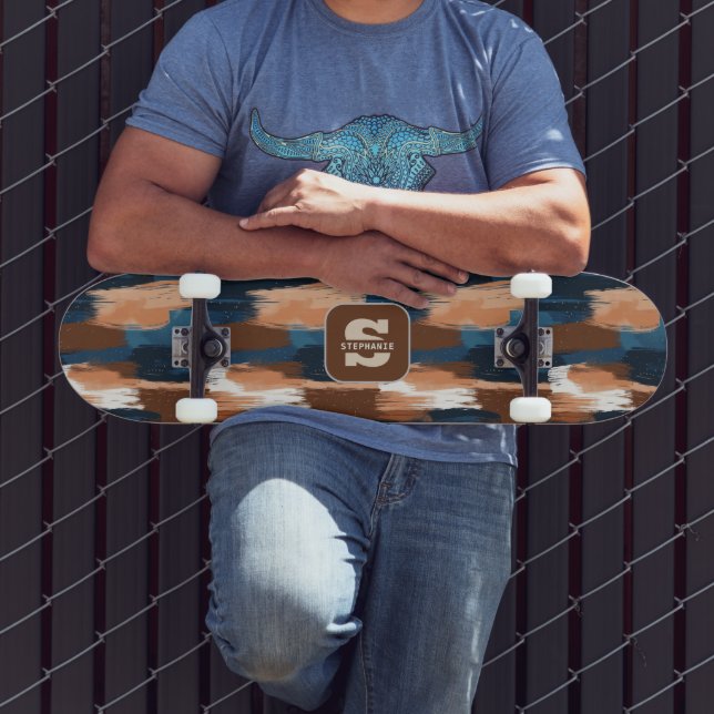 Skate Abstrato Brushstrokes em Azul, Branco e Marrom (Ao ar livre 3)