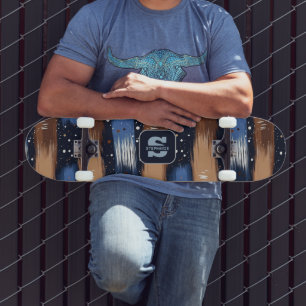 Skate Abstrato Brushstrokes em Azul, Branco e Marrom (3)