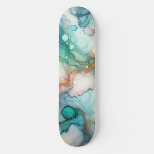 Skate Abstrato em Rosa, Azul Claro, Azul e Dourado (Frente)