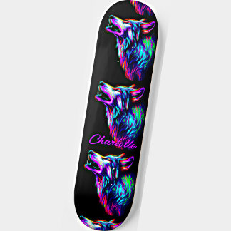 Skate Adicionar Nome, Lobo Neon Azul Rosa