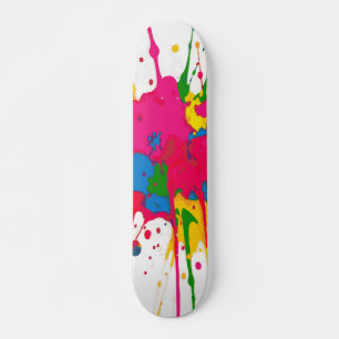 Skate Amarelo Rosa Verde e Salpicos de Tinta Azul Abstra