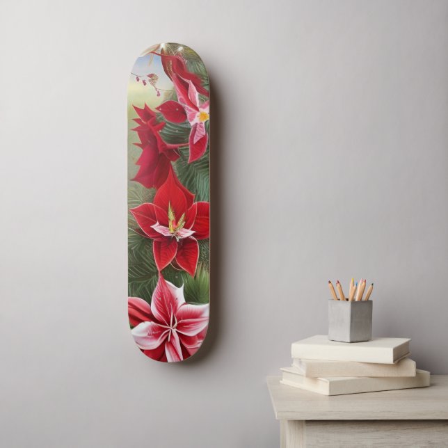 Skate Amarílis Vermelha e Branca e Pinheiro (Arte de parede)