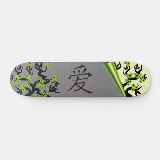 Skate Amor Verde Pássaros Sakura Árvore Chinês Símbolo d (Horz)