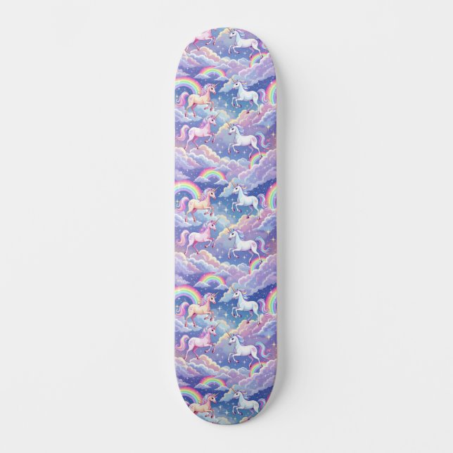 Skate Arco-íris cintilante e unicórnios nas nuvens (Frente)