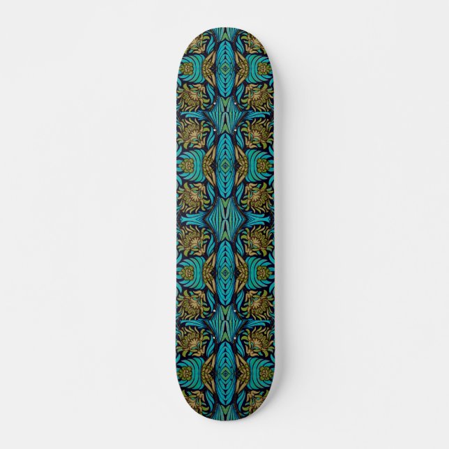 Skate Art Nouveau Turquoise Padrão Floral Azul (Frente)