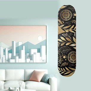 Skate Arte Abstrata Folhagem Dourada Preta Minimalista B