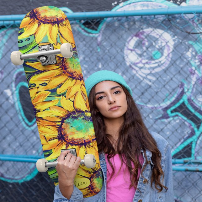 Skate Arte Amarelo na moda Bright em Girassol (Stylish Bright Yellow Sunflower Skateboard )