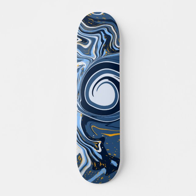 Skate Arte Fluida Azul, Branca e Dourada Marble (Frente)