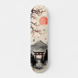 Skate Arte Japonesa com Sumi-e do Monte Fuji