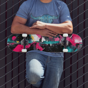 Skate Arte Urbana Grunge com Rosa e Turquesa