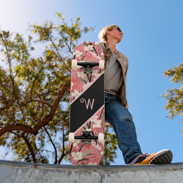 Skate Asian Floral Pink Peach White Chinoiserie Monogram (Ao ar livre 1)