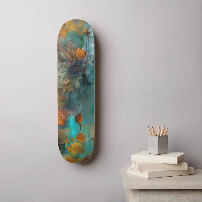 Skate Autumn Floral Teal Rust Abstrato Dourado (Arte de parede)