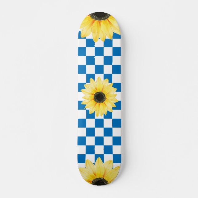 Skate Azul e branco Checkup e girassol (Frente)