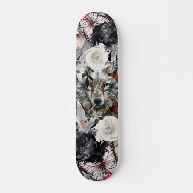 Skate Boho Lobo Cinza Florais Góticos & Borboletas (Frente)