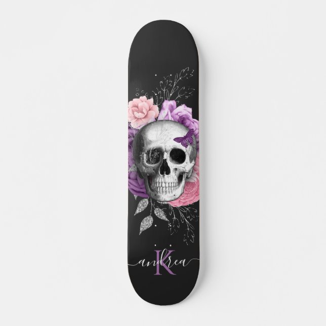 Skate Bonito Floral Caveira Botânica Nome Monograma (Frente)