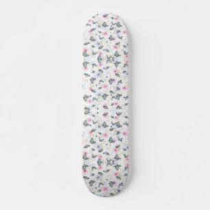 Skate Borboleta Azul e Floral Rosa em Aquarela Vintage