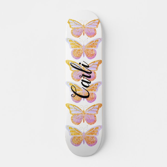 Skate Borboletas Brilho Dourado Roxo Personalizadas (Frente)