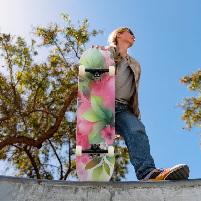 Skate Botânico Florido de Aquarela Rosa Verde (Ao ar livre 1)