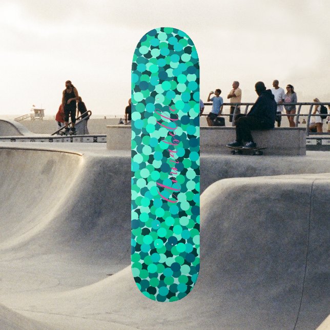 Skate Brilho Turquesa Super Estrela Fofa (Teal Blue Sea Dotted Pattern - Glitter Magic - Custom Name - Modern Girly )