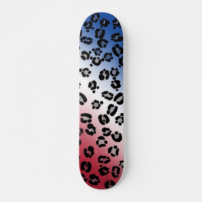 Skate Brilho Vermelho Branco e Azul Estampa de Leopardo (Frente)