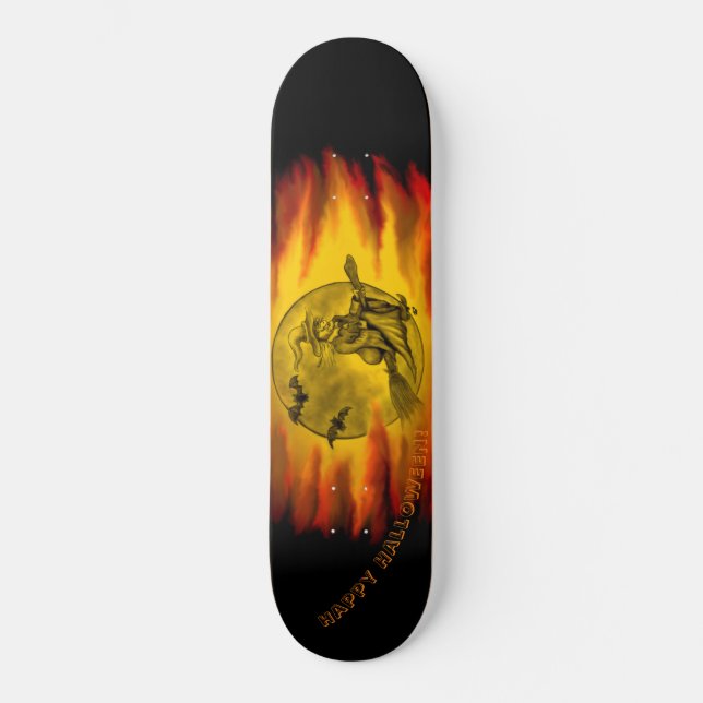 Skate bruxa voadora com gato preto, noite de halloween (Frente)