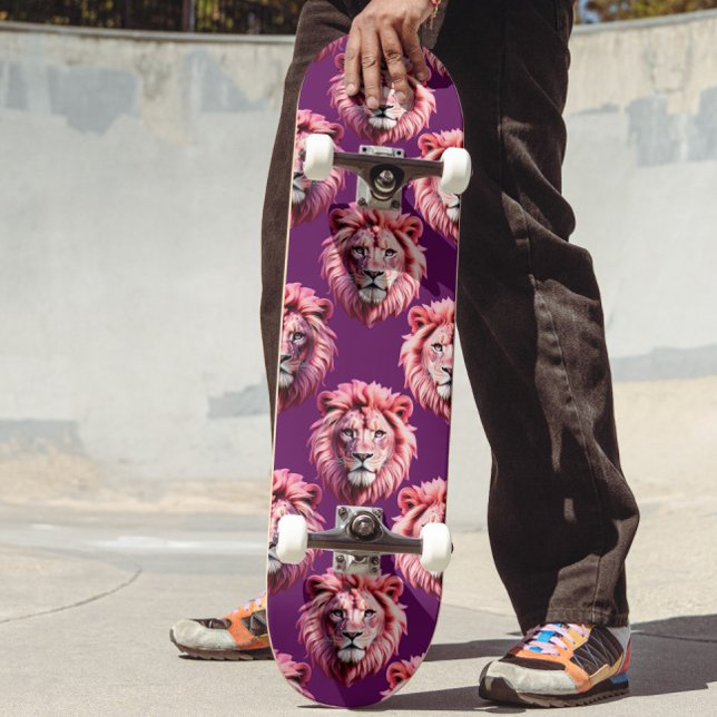 Skate Cabeça de Leão Rosa Animal Padrão Design Roxo  (Criador carregado)