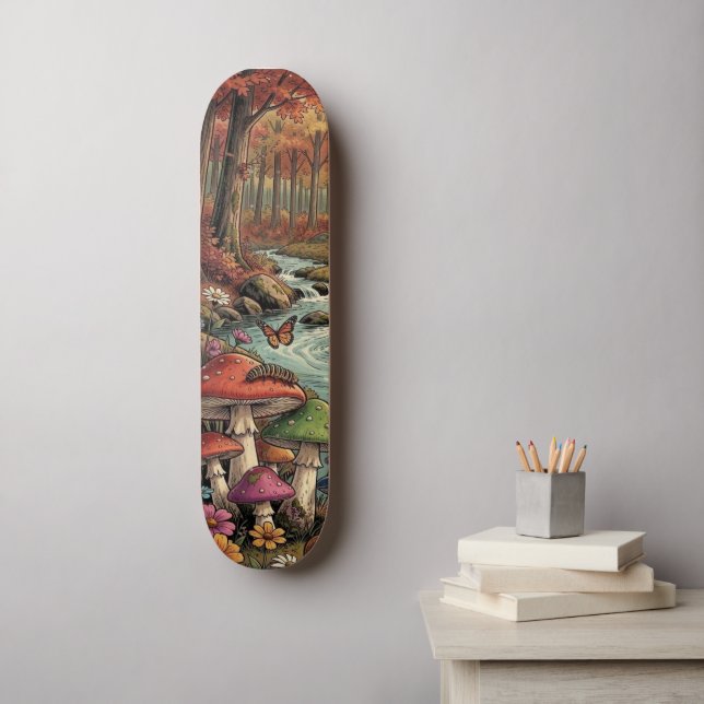 Skate Camping Retrô, Cogumelos, Riacho e Flores (Arte de parede)