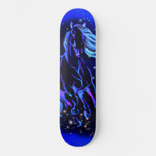 Skate Cavalo Azul Neon Correndo Em Lua À Noite Estrelada