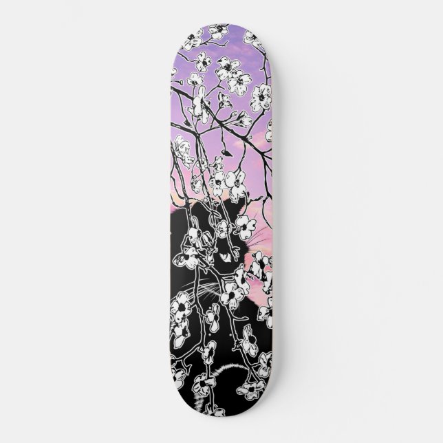 Skate Cereja Negra Gato Floral Céu Rosa Sol (Frente)