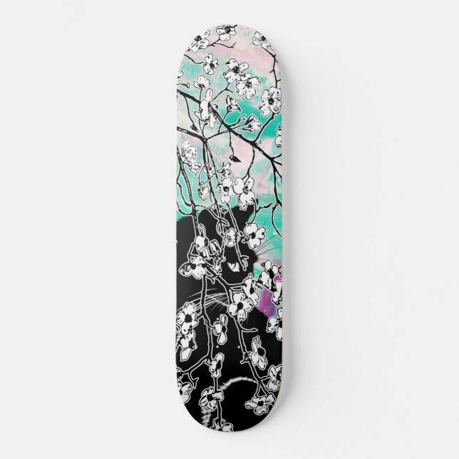 Skate Cerejeira Blossom Preto Gato Floral Verde Céu Rosa