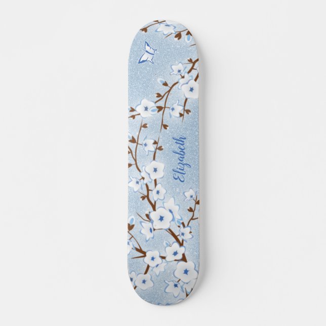 Skate Cherry Blossom White Blue Glitter Nome Floral (Frente)