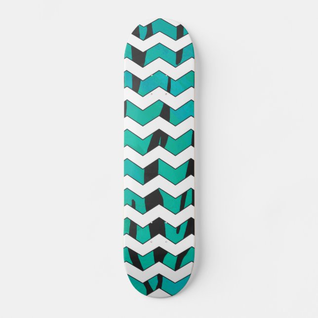 Skate Chevron Tiger Black and Teal Impressão (Frente)