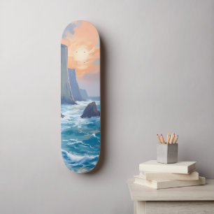 Skate Cliffside Cove Pintura em Aquarela do Oceano Cos