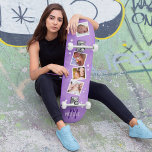 Skate Colagem de Fotos da Família Roxa Feminina<br><div class="desc">O skateboard é o presente perfeito para as mulheres modernas e familiares de hoje. Esteticamente, é projetado para ser atraente e apelativo aos gostos femininos – apresentando um fundo texturizado roxo suave e vibrante, rodeado por estrelas brancas e personalizado com quatro fotos da família e uma inicial e nome à...</div>