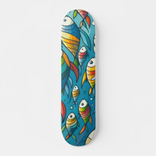 Skate Colorido sob a escola de peixes aquáticos