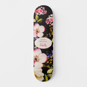 Skate Cor da Água Rosa e Rosas Amarelas em Preto, Aniver