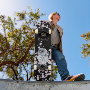 Skate Coruja-branca-coruja-flor-rosa-rosa Adição de nome