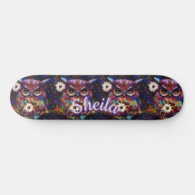 Skate Coruja Floral Impressionista Whimsical Personaliza (Horz)