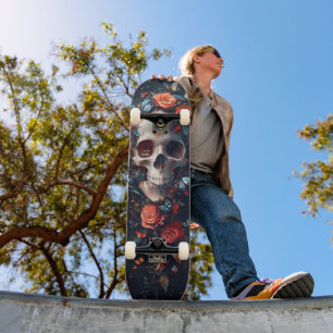 Skate Crânio com flores e borboletas - Natureza gótica