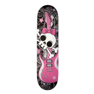 Skate Crânio feminino com guitarra cor-de-rosa