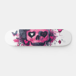 Skate Crânio rosa com borboletas e corações